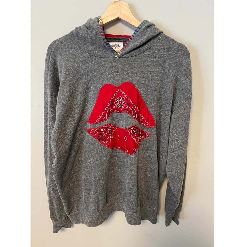 Lauren Moshi Hoodie Womens L Gray Pre-owned Bandana Lip Applique Rainbow Stitch